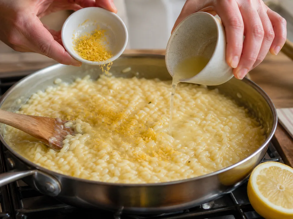 Ризотто с лимоном | Фото подпункта 10 | Viva Cucina Ризотто с лимоном: фото процесса приготовления — соедините подготовленные компоненты в широкой посуде, где их удобно перемешивать
