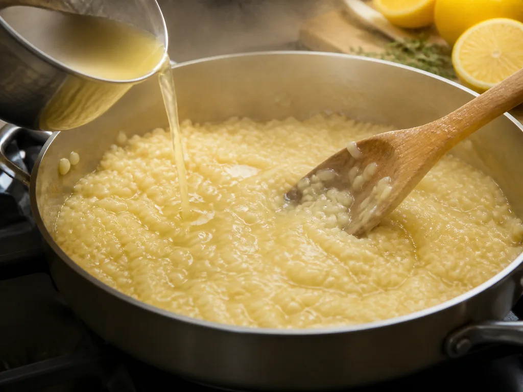 Ризотто с лимоном | Фото подпункта 8 | Viva Cucina Ризотто с лимоном: фото процесса приготовления — добавляйте жидкость, соус или начинку постепенно, чтобы блюдо собиралось равномерно