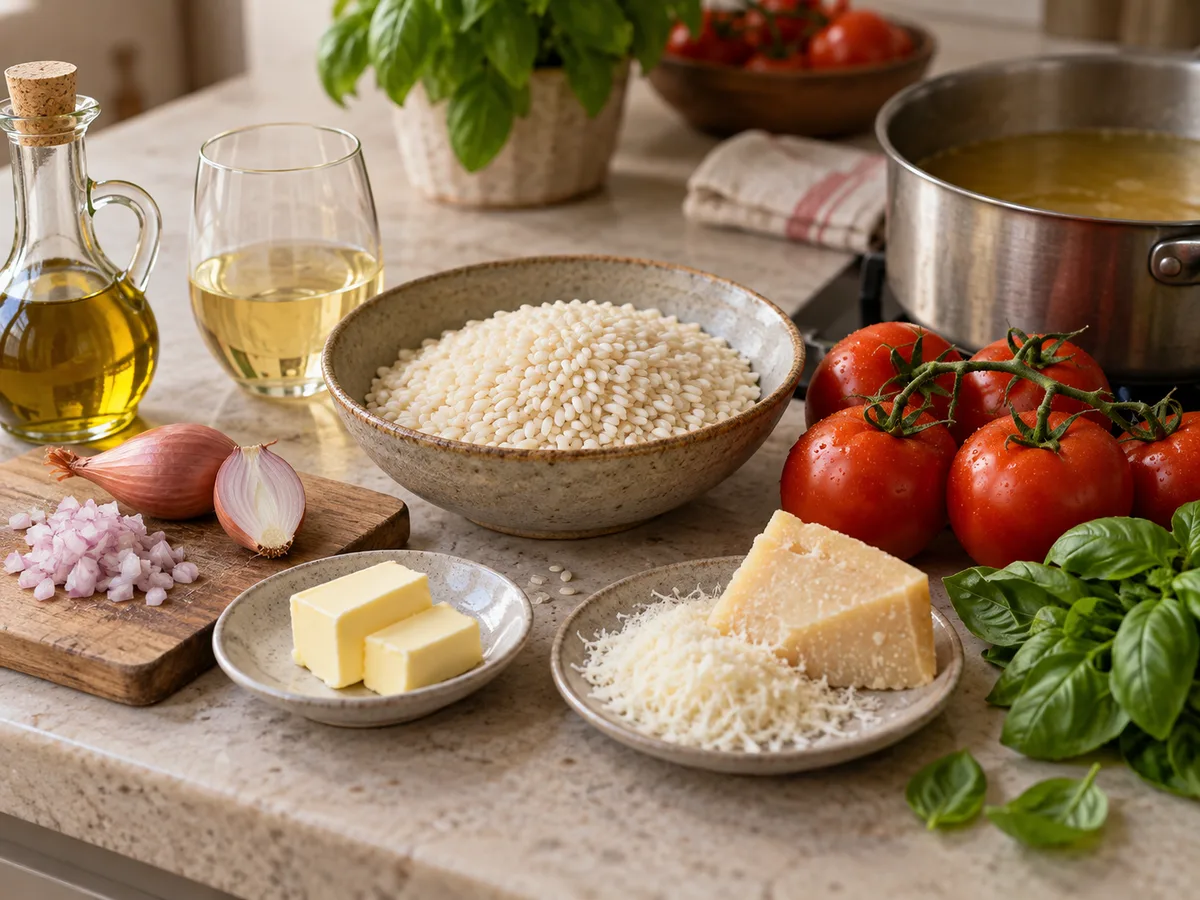 Ризотто с помидорами и базиликом | Фото подпункта 1 | Viva Cucina Ризотто с помидорами и базиликом: фото процесса приготовления — отмерьте рис, помидоры, бульон и остальные продукты