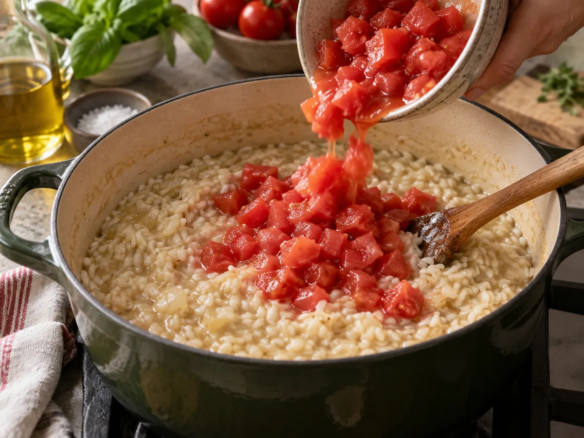 Ризотто с помидорами и базиликом | Фото подпункта 10 | Viva Cucina Ризотто с помидорами и базиликом: фото процесса приготовления — добавьте нарезанные помидоры в середине варки
