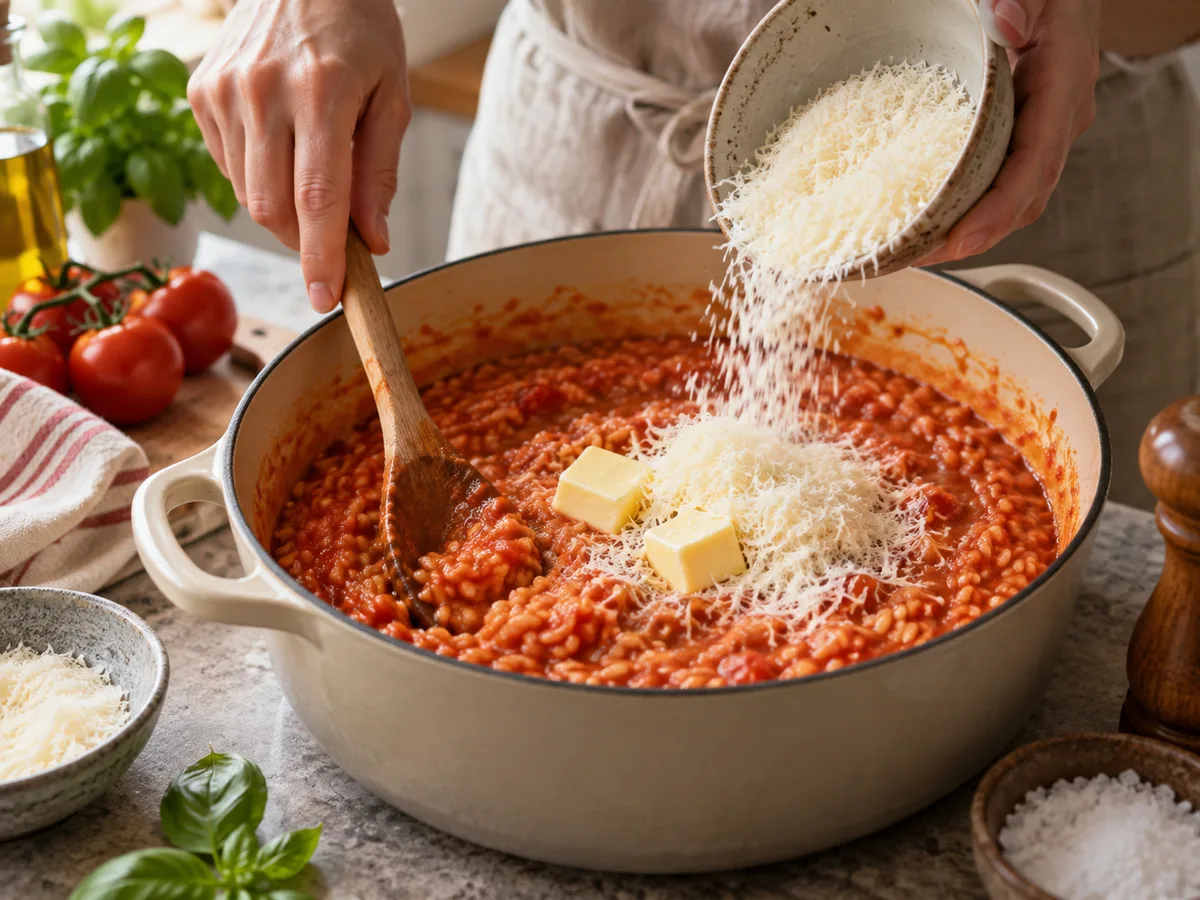 Ризотто с помидорами и базиликом | Фото подпункта 13 | Viva Cucina Ризотто с помидорами и базиликом: фото процесса приготовления — снимите с огня и вмешайте масло с пармезаном