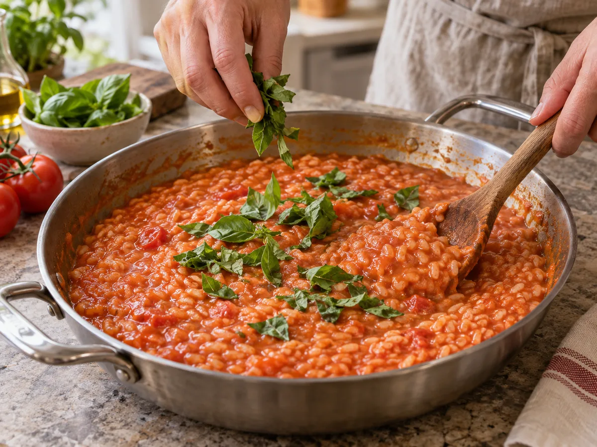 Ризотто с помидорами и базиликом | Фото подпункта 14 | Viva Cucina Ризотто с помидорами и базиликом: фото процесса приготовления — добавьте порванные листья базилика
