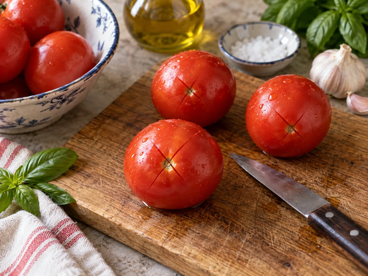 Ризотто с помидорами и базиликом | Фото подпункта 2 | Viva Cucina Ризотто с помидорами и базиликом: фото процесса приготовления — надрежьте помидоры крест-накрест