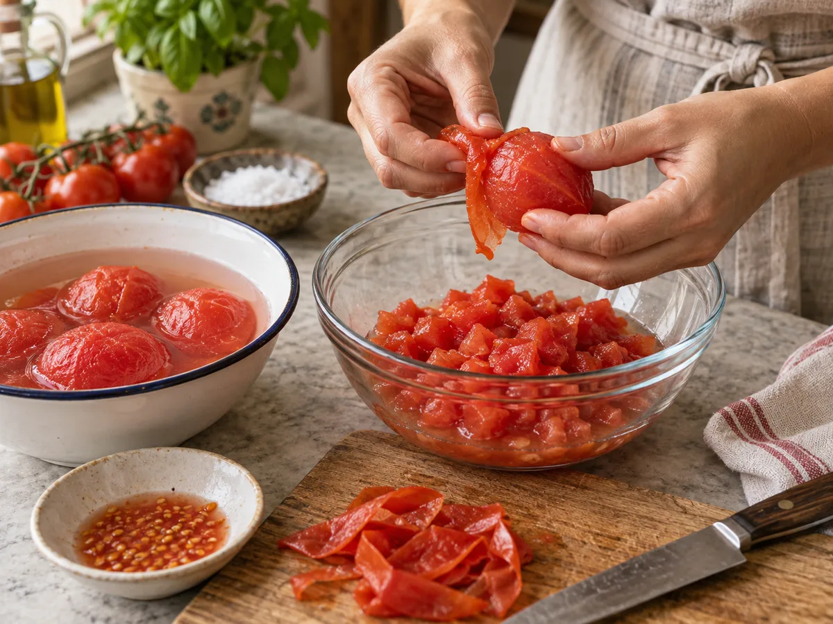 Ризотто с помидорами и базиликом | Фото подпункта 4 | Viva Cucina Ризотто с помидорами и базиликом: фото процесса приготовления — очистите, удалите семена и нарежьте помидоры