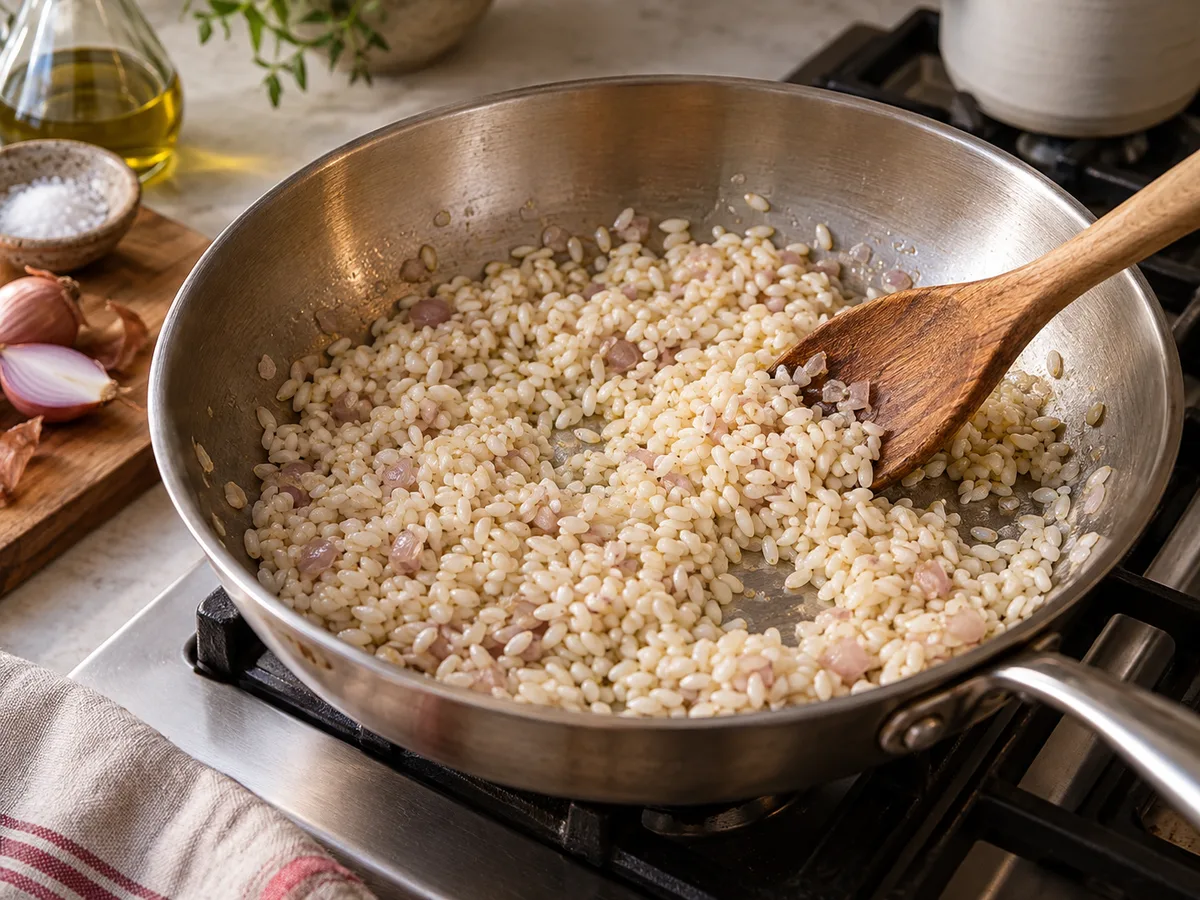 Ризотто с помидорами и базиликом | Фото подпункта 7 | Viva Cucina Ризотто с помидорами и базиликом: фото процесса приготовления — добавьте рис и прогрейте до полупрозрачных краёв
