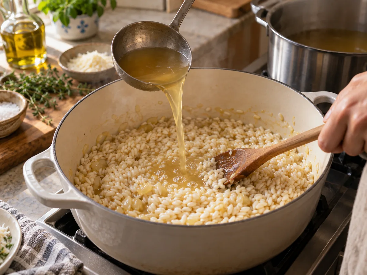 Ризотто с помидорами и базиликом | Фото подпункта 9 | Viva Cucina Ризотто с помидорами и базиликом: фото процесса приготовления — введите первый половник горячего бульона