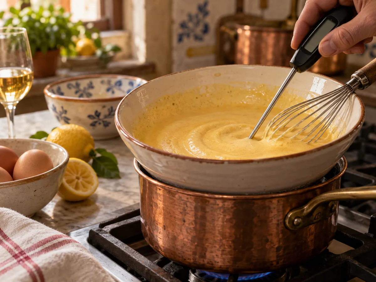 Сабайон | Фото подпункта 11 | Viva Cucina Сабайон: фото процесса приготовления — проверьте температуру: она должна достичь 71–74 °C