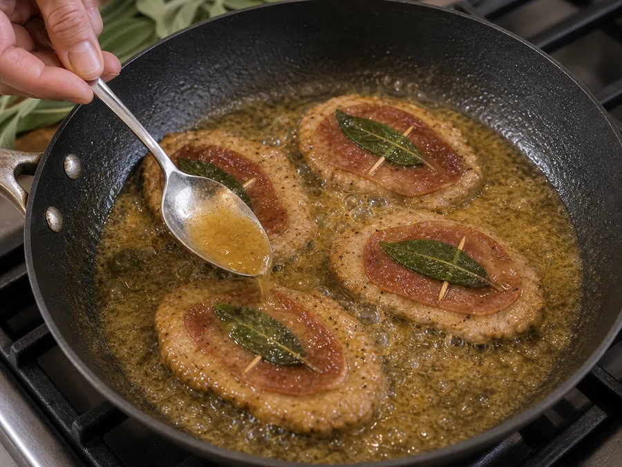 Сальтимбокка | Фото подпункта 14 | Viva Cucina Сальтимбокка: фото процесса приготовления — полейте блюдо соусом или соками из посуды, чтобы поверхность оставалась сочной