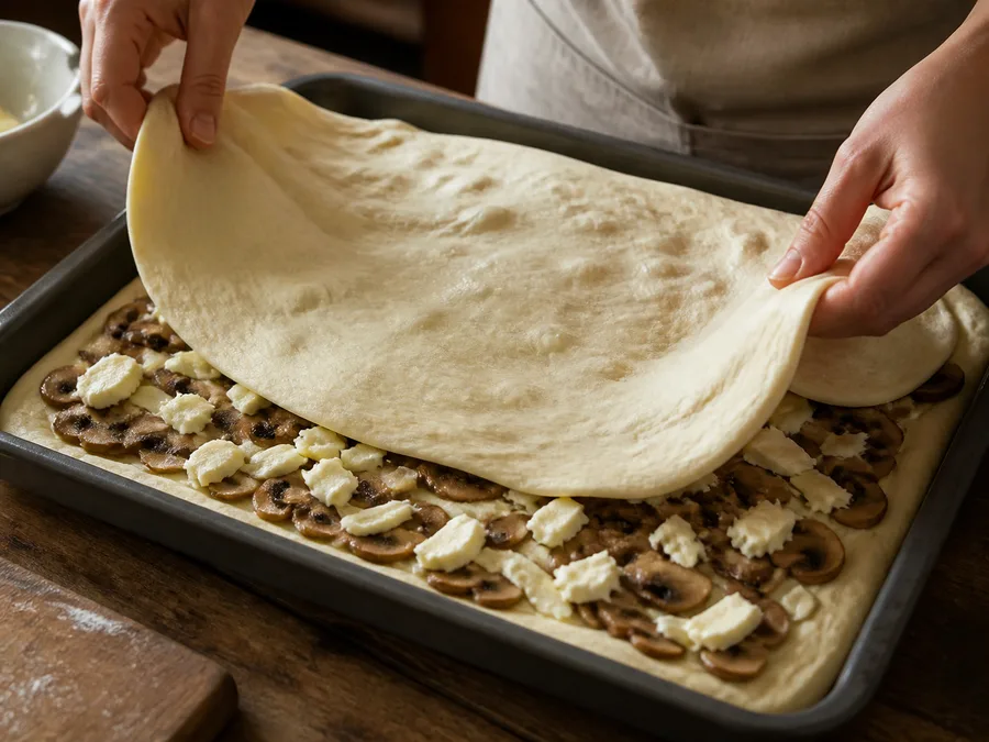 Скьяччата с начинкой: грибы и моцарелла: фото процесса приготовления — оставьте края чистыми, если блюду нужен бортик, шов или аккуратная корочка