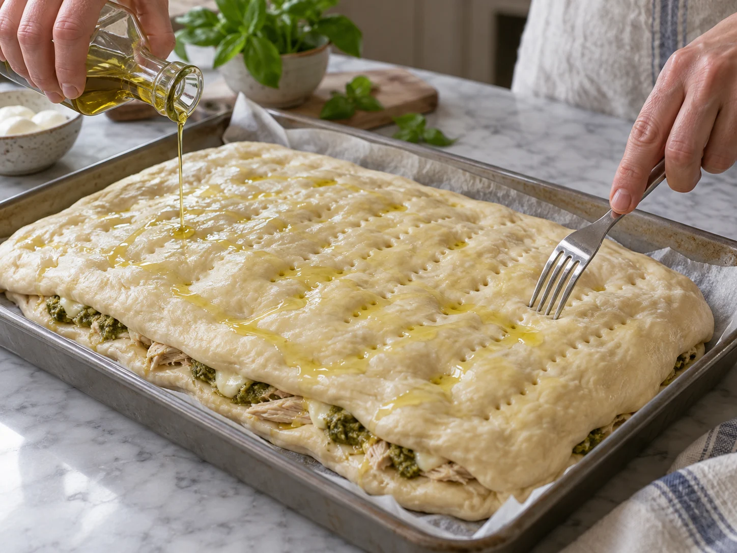 Скьяччата с начинкой: курица и песто: фото процесса приготовления — сделайте несколько проколов вилкой в верхнем пласте и смажьте поверхность оставшимся оливковым маслом