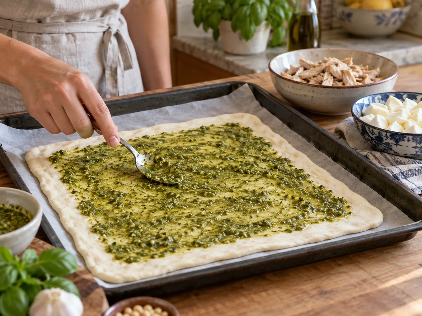 Скьяччата с начинкой: курица и песто: фото процесса приготовления — распределите песто тонким слоем, не доходя примерно 2 см до края