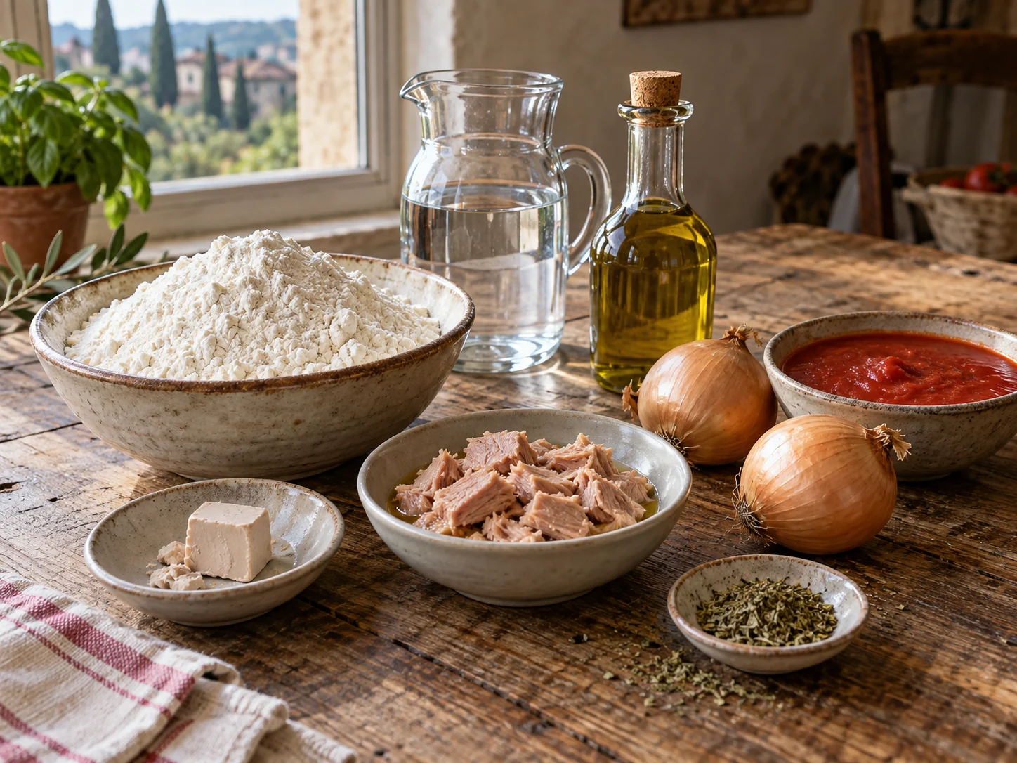 Скьяччата с начинкой: тунец и лук | Фото подпункта 1 | Viva Cucina Скьяччата с начинкой: тунец и лук: фото процесса приготовления — разложите Мука тип 00, Дрожжи сухие, Вода тёплая, Пармезан тёртый, соль, масло, специи и нужную посуду так, чтобы всё было под рукой до начала готовки