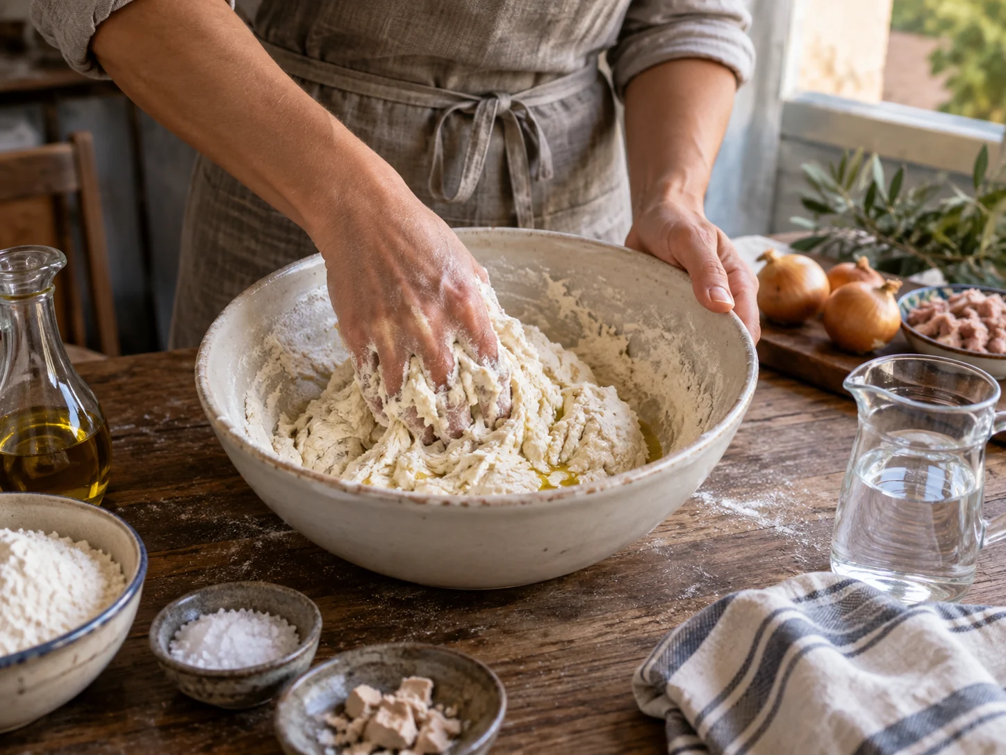 Скьяччата с начинкой: тунец и лук | Фото подпункта 5 | Viva Cucina Скьяччата с начинкой: тунец и лук: фото процесса приготовления — вымесите, растяните или разделите основу так, как требует форма блюда, стараясь не разрушать воздушность