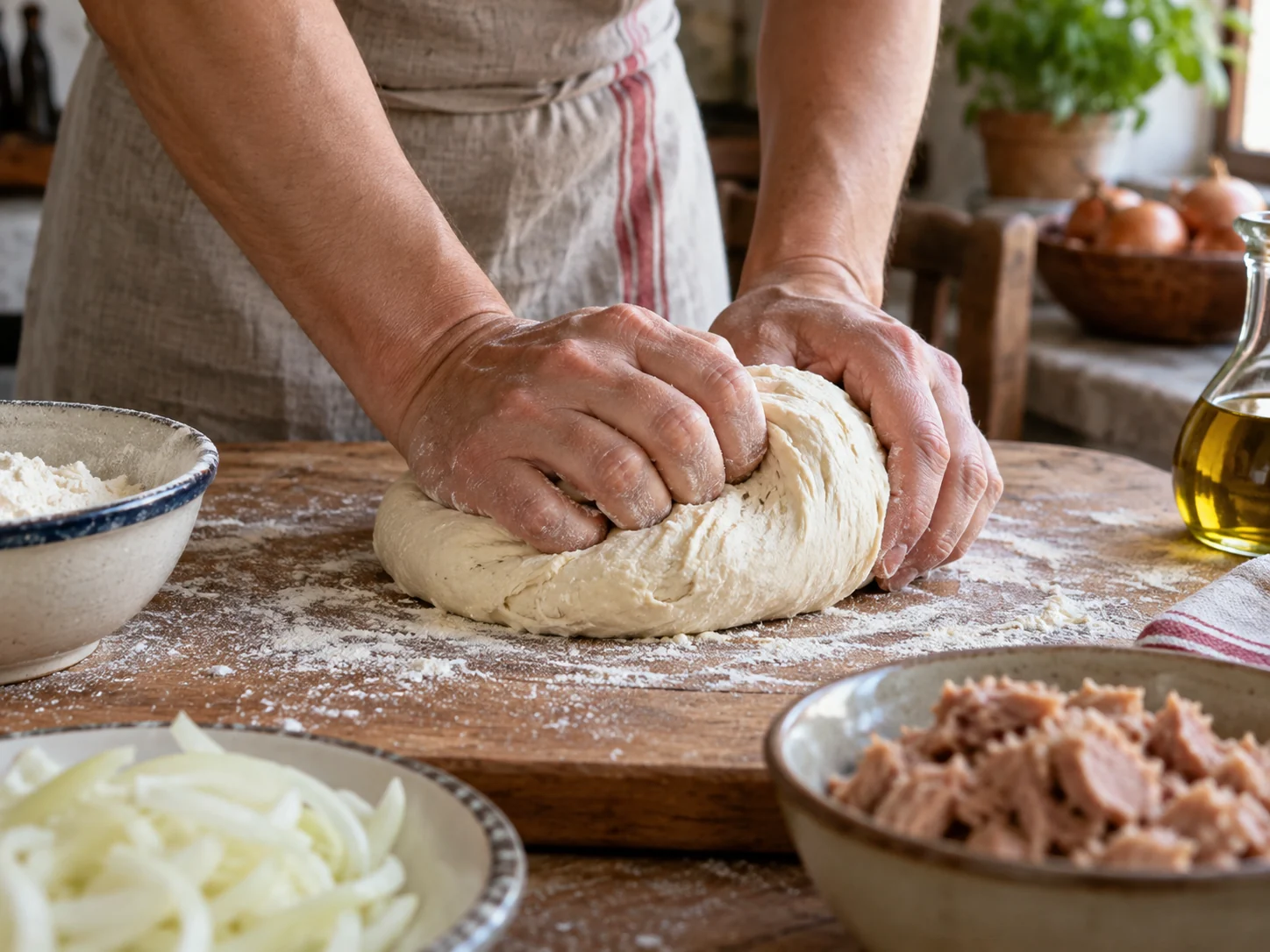 Скьяччата с начинкой: тунец и лук | Фото подпункта 6 | Viva Cucina Скьяччата с начинкой: тунец и лук: фото процесса приготовления — дайте заготовке коротко отдохнуть перед начинкой или выпечкой, если она начинает сопротивляться при формовке