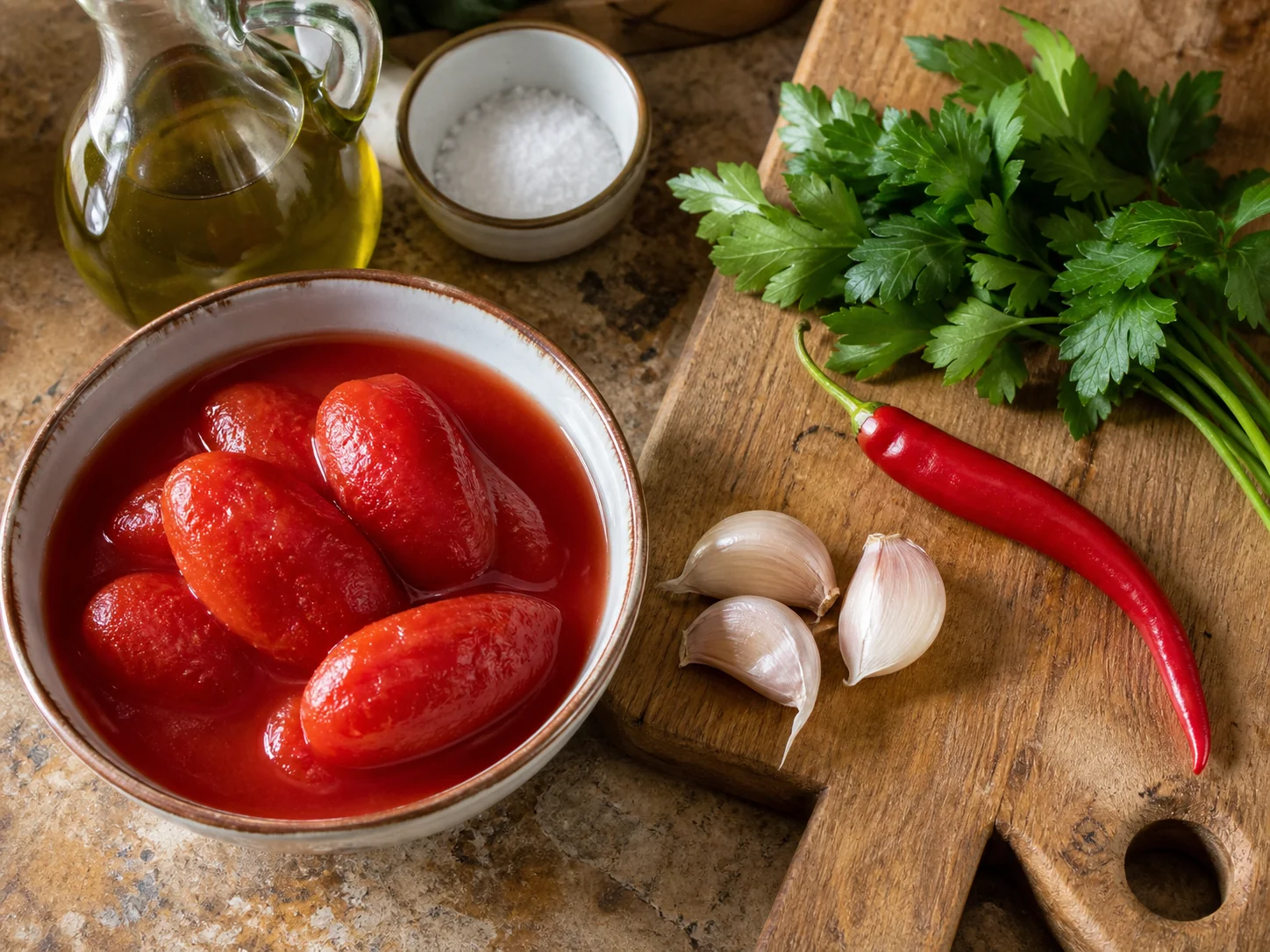 Соус Аррабиата | Фото подпункта 1 | Viva Cucina Соус Аррабиата: фото процесса приготовления — разложите томаты в собственном соку, чеснок, красный чили, оливковое масло, петрушку и соль