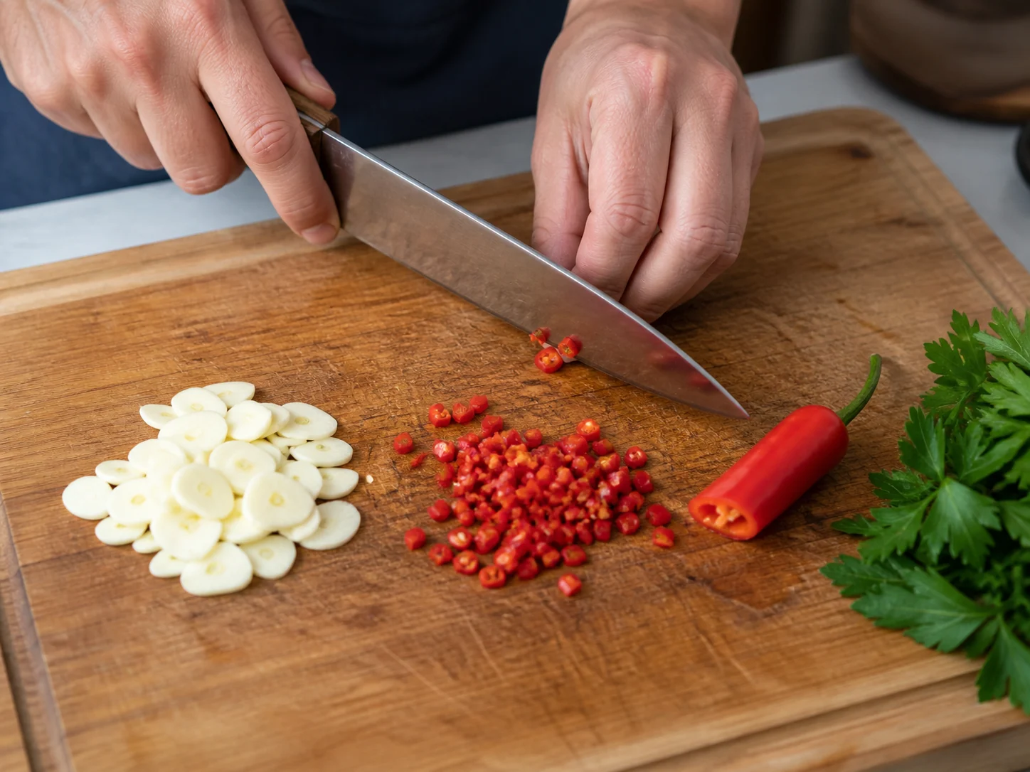 Соус Аррабиата | Фото подпункта 3 | Viva Cucina Соус Аррабиата: фото процесса приготовления — тонко нарежьте чеснок, мелко порубите красный чили и оставьте петрушку для финала
