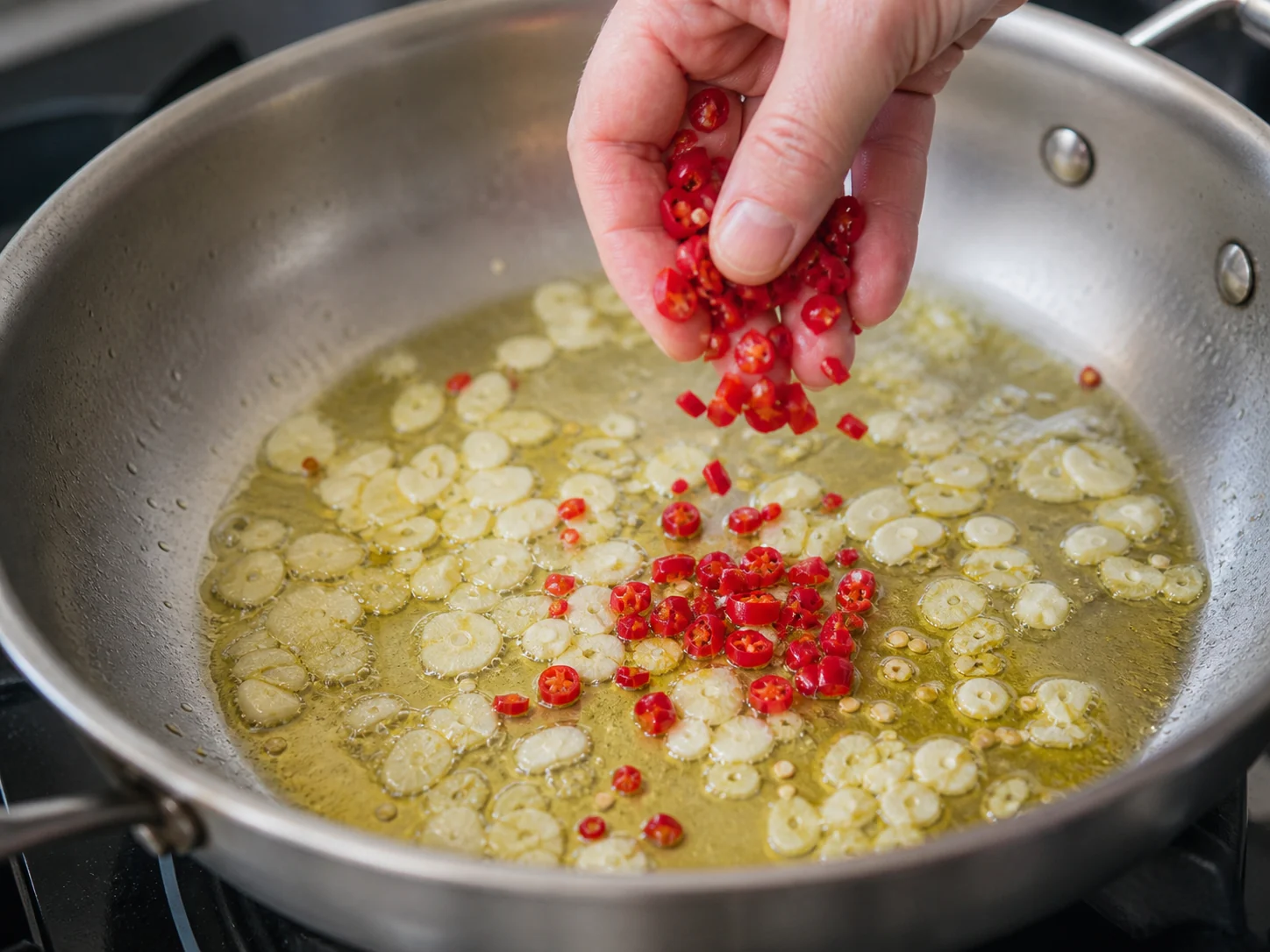 Соус Аррабиата | Фото подпункта 6 | Viva Cucina Соус Аррабиата: фото процесса приготовления — всыпьте нарезанный красный чили и коротко прогрейте его вместе с чесноком