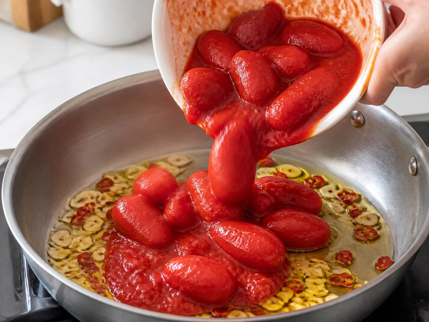 Соус Аррабиата | Фото подпункта 7 | Viva Cucina Соус Аррабиата: фото процесса приготовления — переложите отцеженные томаты в сковороду с чесноком и чили