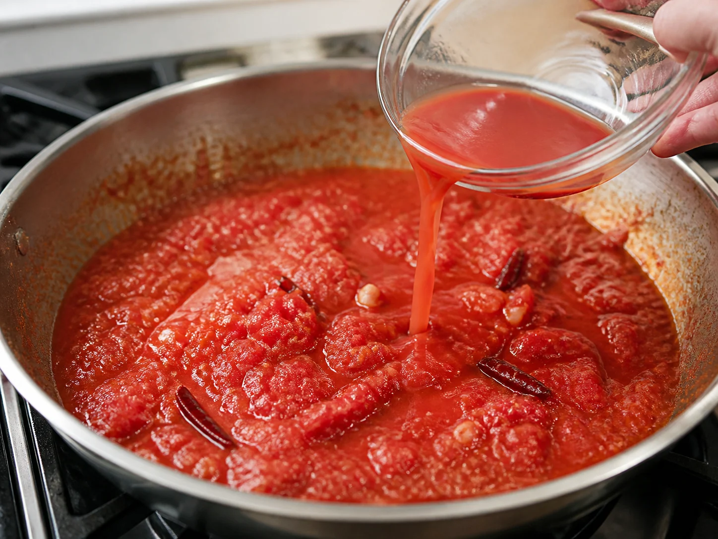 Соус Аррабиата | Фото подпункта 9 | Viva Cucina Соус Аррабиата: фото процесса приготовления — влейте сохранённый томатный сок и перемешайте основу соуса
