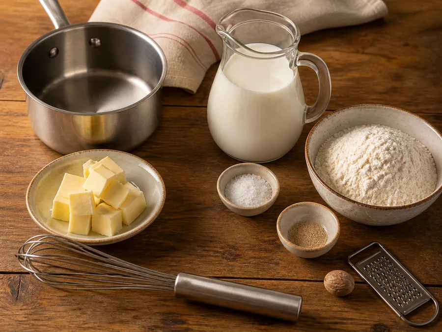 Соус бешамель | Фото подпункта 1 | Viva Cucina Соус бешамель: фото процесса приготовления — разложите Молоко, Сливочное масло, Мука, Мускатный орех, соль, масло, специи и нужную посуду так, чтобы всё было под рукой до начала готовки