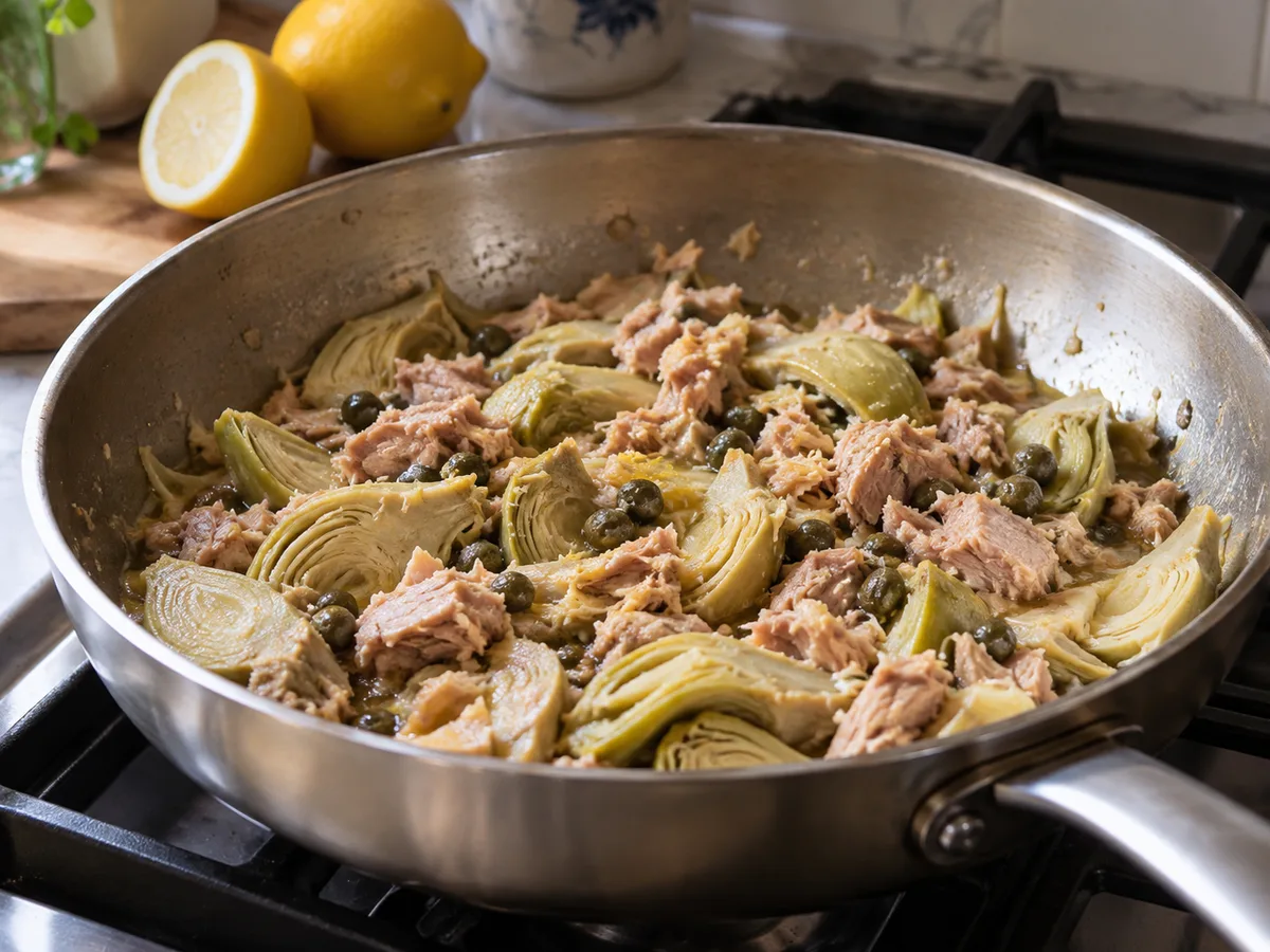 Спагетти с артишоками и соусом из тунца и каперсов: фото процесса приготовления — добавьте к артишокам крупные кусочки тунца