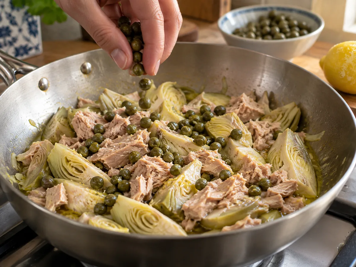 Спагетти с артишоками и соусом из тунца и каперсов: фото процесса приготовления — всыпьте промытые каперсы и осторожно перемешайте