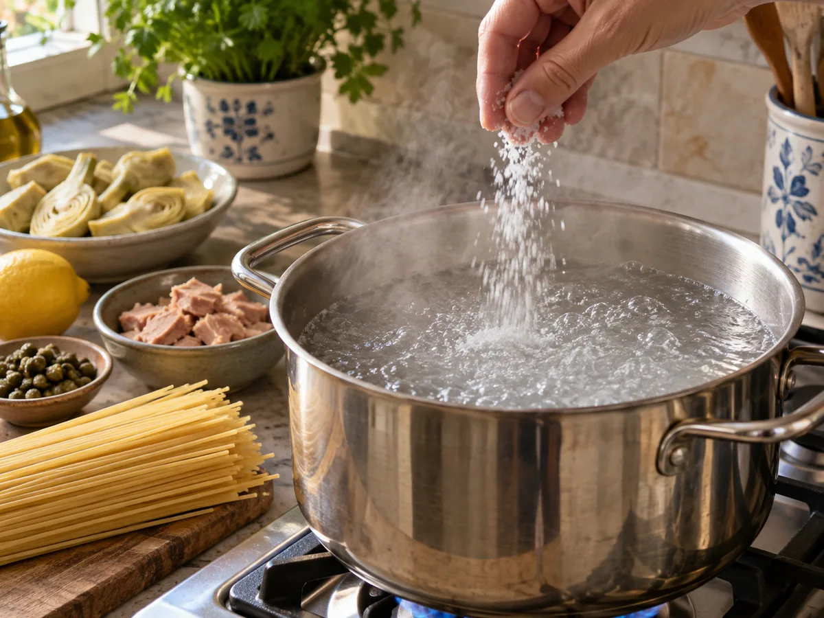 Спагетти с артишоками и соусом из тунца и каперсов: фото процесса приготовления — вскипятите воду в большой кастрюле и посолите