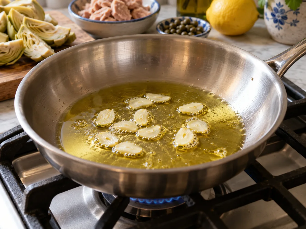Спагетти с артишоками и соусом из тунца и каперсов: фото процесса приготовления — прогрейте чеснок в оливковом масле без подрумянивания