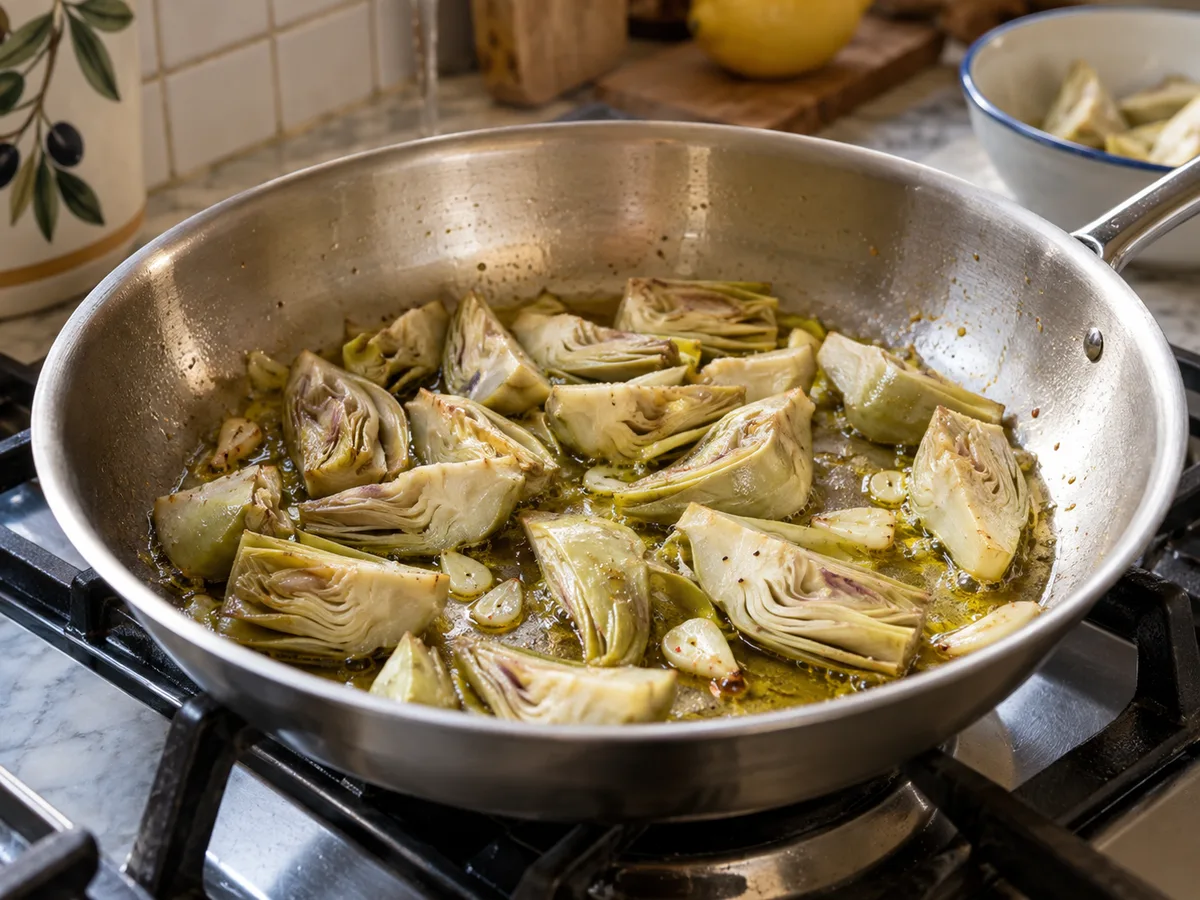 Спагетти с артишоками и соусом из тунца и каперсов: фото процесса приготовления — добавьте обсушенные дольки артишоков