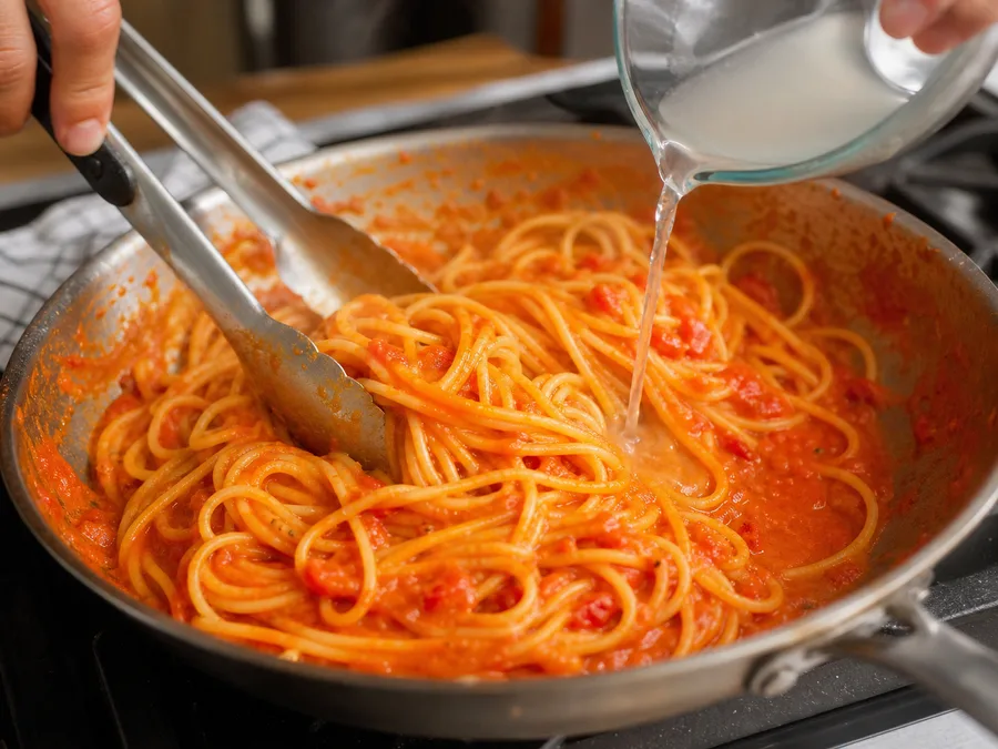 Спагетти с томатом и соусом из запечённых перцев: фото процесса приготовления — добавляйте жидкость небольшими порциями, чтобы соус или крахмалистая основа обволакивали продукты