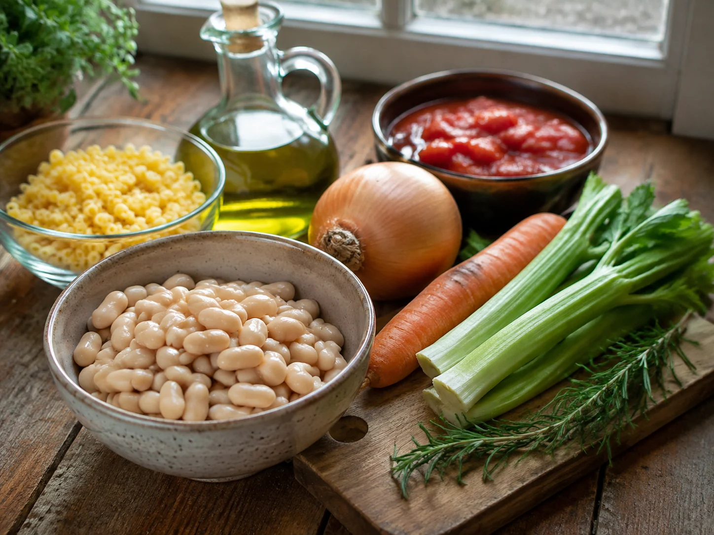 Суп с пастой и фасолью (Pasta e fagioli) | Фото подпункта 1 | Viva Cucina Суп с пастой и фасолью (Pasta e fagioli): фото процесса приготовления — разложите Вода или бульон, Лук репчатый, Морковь, Стебель сельдерея, соль, масло, специи и нужную посуду так, чтобы всё было под рукой до начала готовки