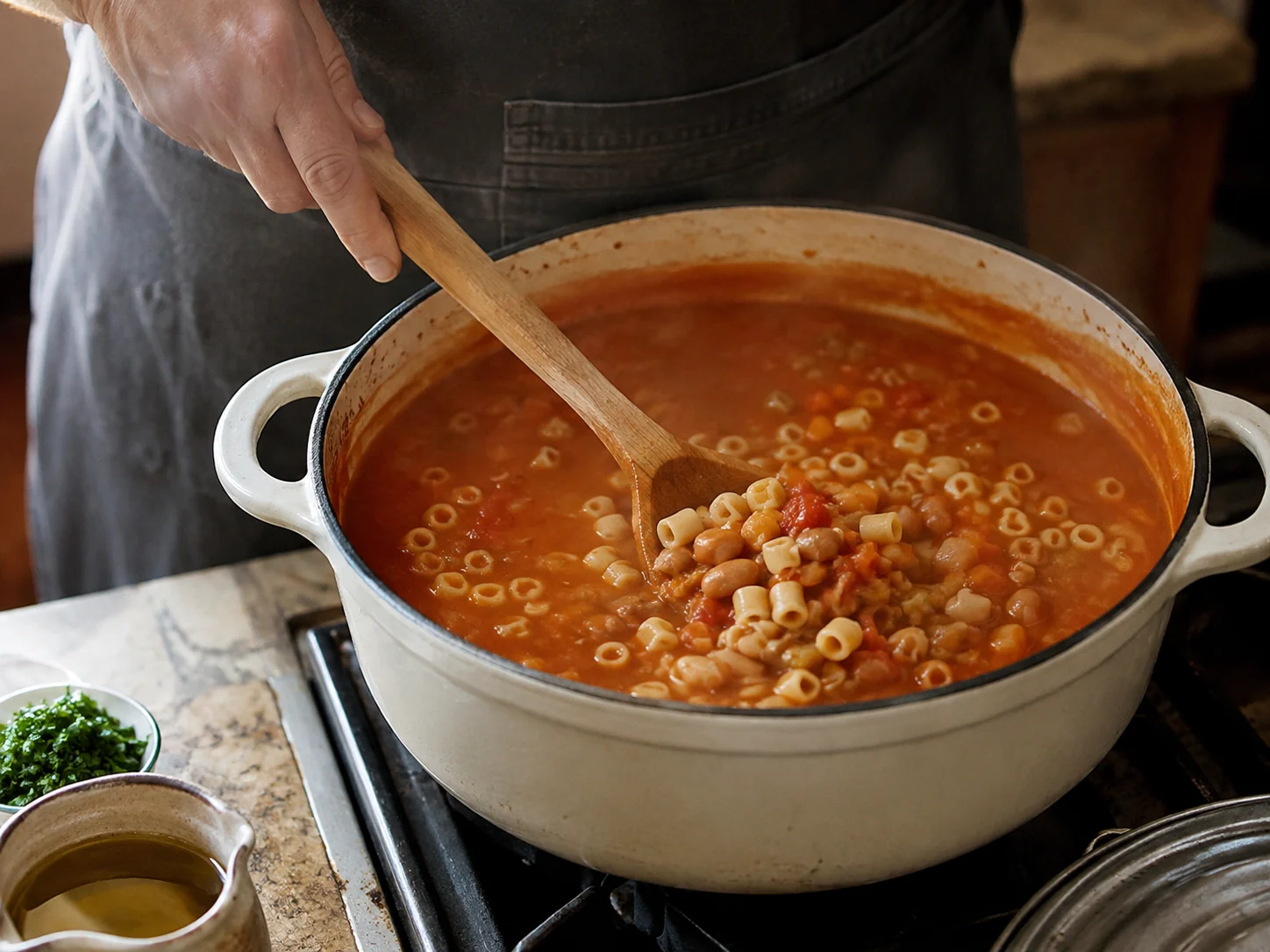 Суп с пастой и фасолью (Pasta e fagioli) | Фото подпункта 12 | Viva Cucina Суп с пастой и фасолью (Pasta e fagioli): фото процесса приготовления — перед финалом ещё раз проверьте баланс соли, влажности и температуры