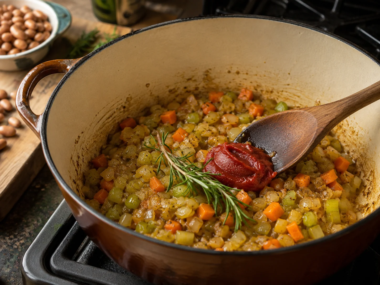 Суп с пастой и фасолью (Pasta e fagioli) | Фото подпункта 5 | Viva Cucina Суп с пастой и фасолью (Pasta e fagioli): фото процесса приготовления — следите за цветом, запахом и влажностью продуктов: на этом этапе формируется главный вкус