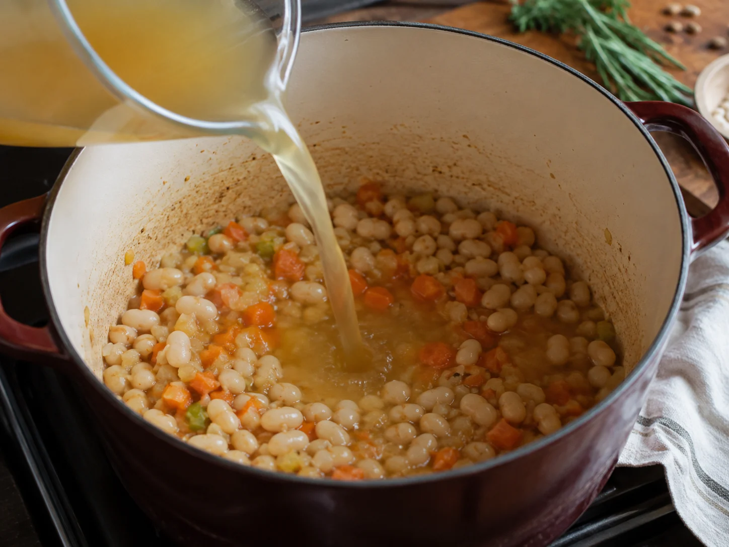 Суп с пастой и фасолью (Pasta e fagioli) | Фото подпункта 7 | Viva Cucina Суп с пастой и фасолью (Pasta e fagioli): фото процесса приготовления — соедините базовые ингредиенты и доведите смесь до спокойного кипения или ровного прогрева