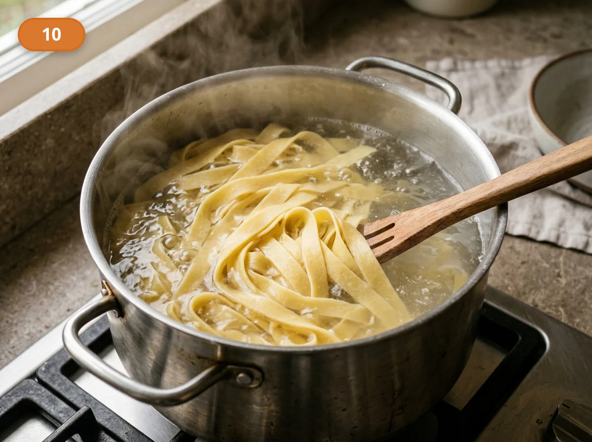 Тальятелле болоньезе: фото процесса приготовления — сварите тальятелле в хорошо подсоленной воде до уверенного al dente, сохраняя несколько ложек отвара для финального смешивания