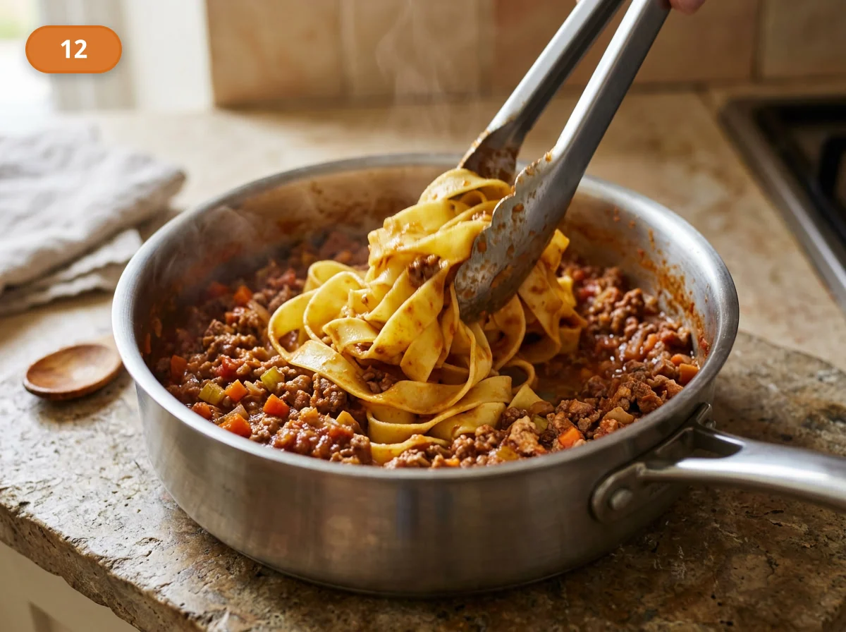 Тальятелле болоньезе: фото процесса приготовления — аккуратно переворачивайте тальятелле в соусе, пока рагу не обволочёт пасту равномерно, не превращая её в тяжёлую массу