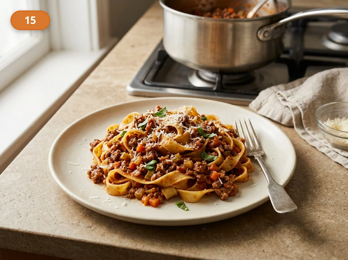Тальятелле болоньезе: фото процесса приготовления — подавайте сразу, пока рагу остаётся сочным, а тальятелле сохраняют упругость и живую форму