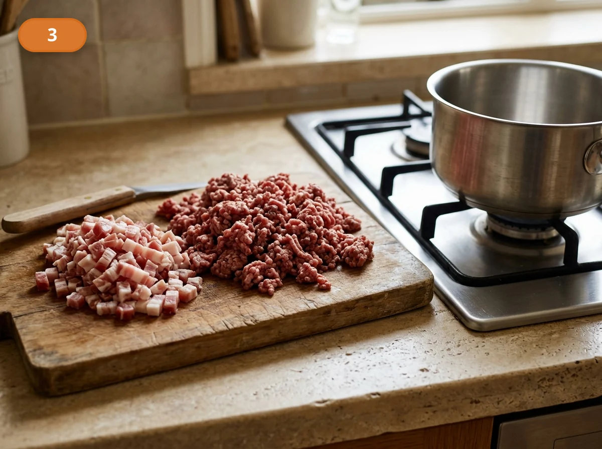 Тальятелле болоньезе: фото процесса приготовления — панчетту измельчите почти в крошку, а фарш заранее разрыхлите, чтобы он быстро и равномерно схватился в сотейнике