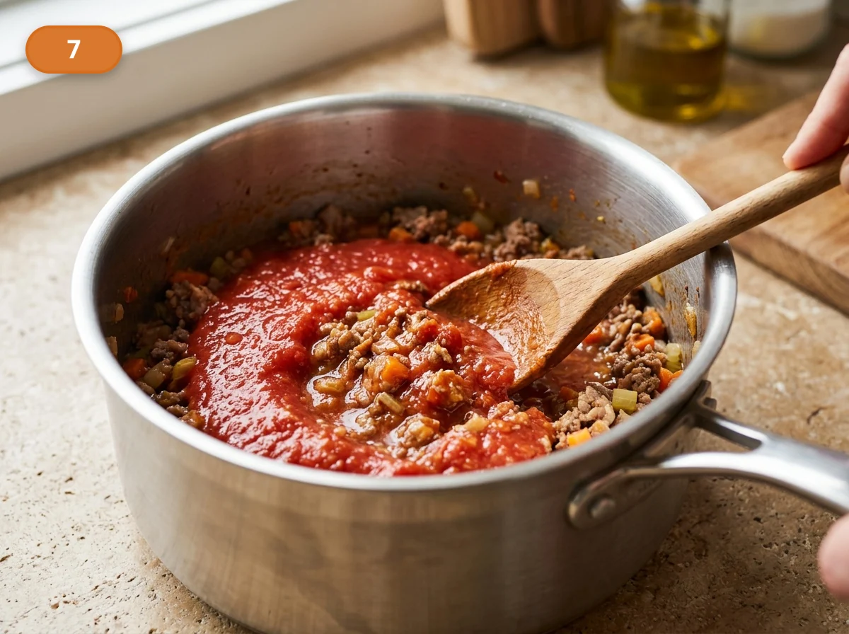 Тальятелле болоньезе: фото процесса приготовления — вмешайте пассату в мясную основу, убавьте огонь и дайте рагу спокойно и долго густеть без бурного кипения