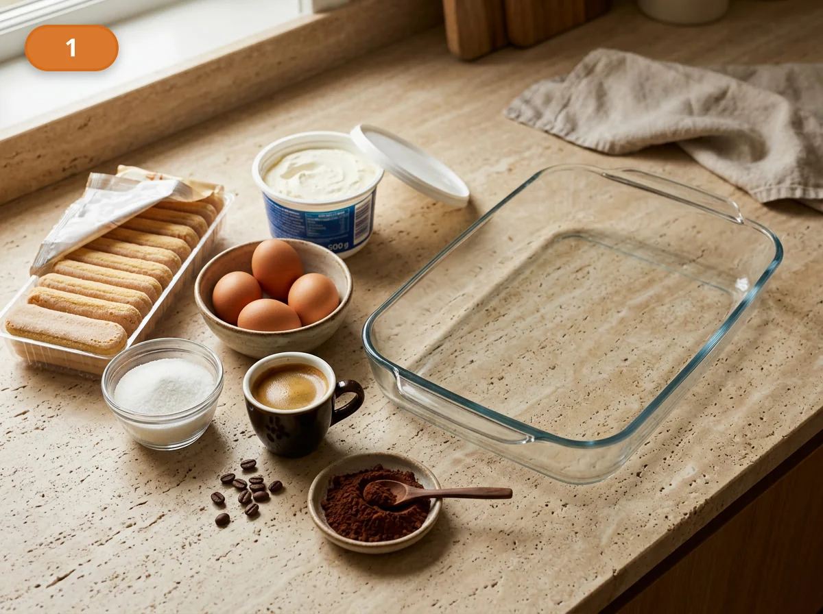 Тирамису: фото процесса приготовления — разложите рядом савоярди, маскарпоне, яйца, сахар, охлаждённый эспрессо, какао и прямоугольную форму для сборки