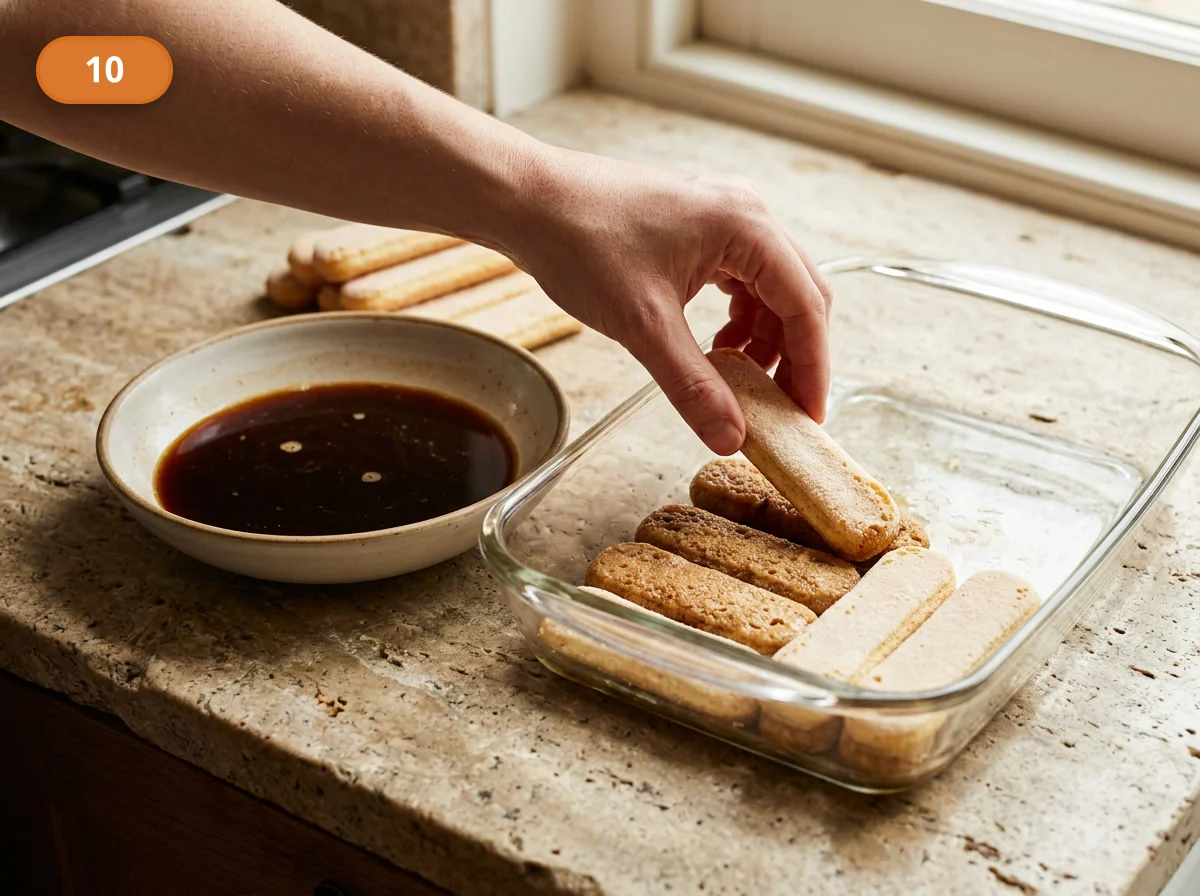 Тирамису: фото процесса приготовления — быстро окунайте савоярди в холодный кофе и сразу выкладывайте первый плотный слой в прямоугольную форму