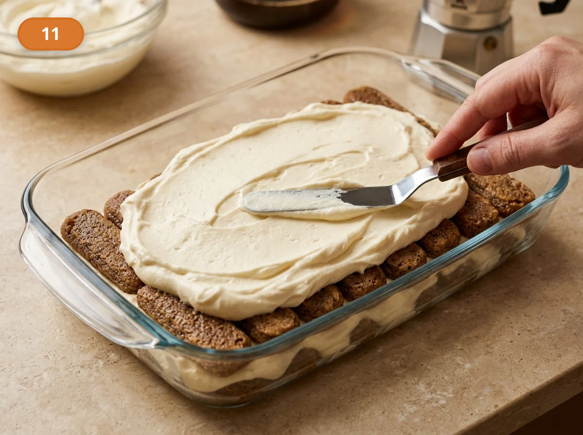 Тирамису: фото процесса приготовления — покройте печенье ровным слоем крема, распределяя его лопаткой до спокойной гладкой поверхности