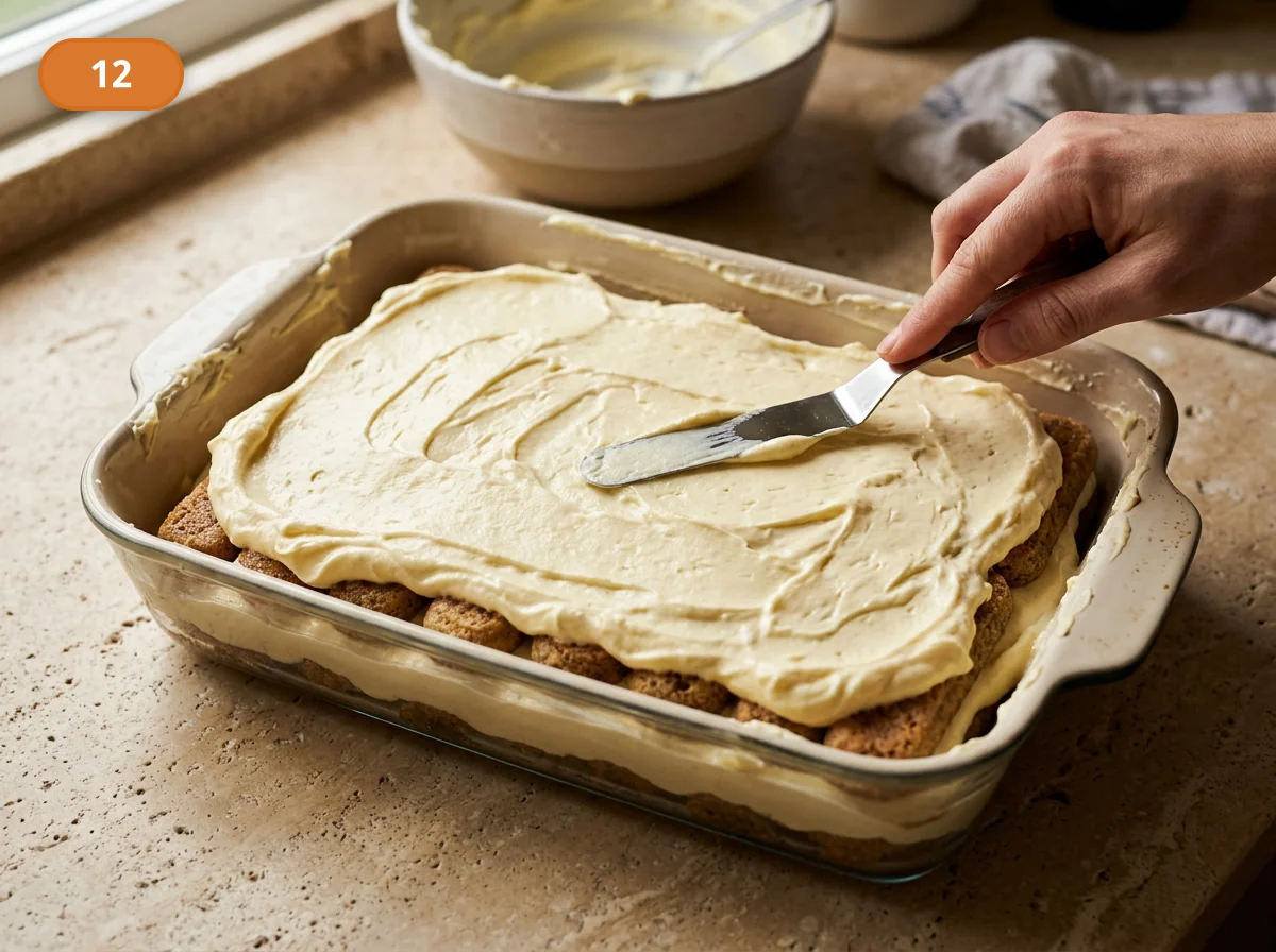 Тирамису: фото процесса приготовления — повторите второй слой савоярди и завершите тирамису финальным верхним слоем крема, выравнивая поверхность