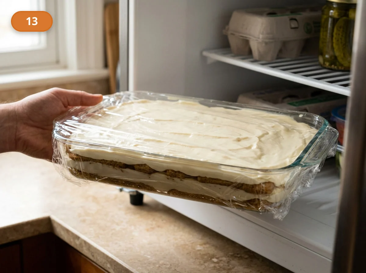 Тирамису: фото процесса приготовления — накройте форму и поставьте тирамису в холодильник, чтобы слои собрались и стали устойчивыми