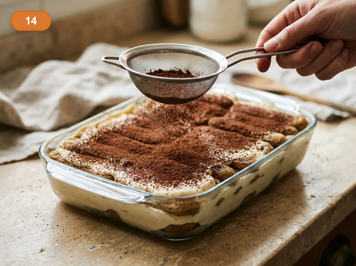 Тирамису: фото процесса приготовления — перед подачей щедро посыпьте верх десерта какао через мелкое сито, создавая ровный бархатистый слой