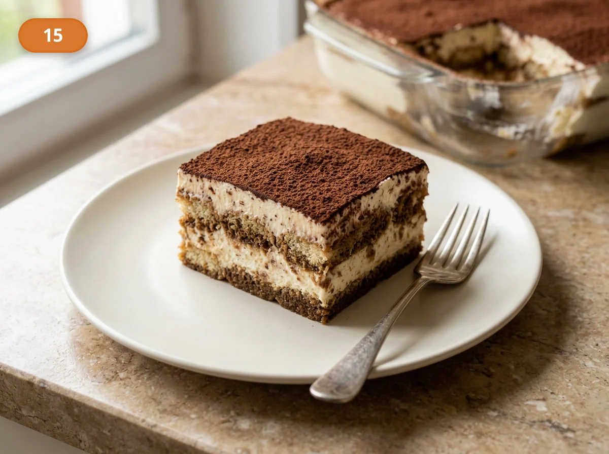 Тирамису: фото процесса приготовления — нарежьте тирамису аккуратной порцией или достаньте квадрат из формы так, чтобы были хорошо видны кремовые и кофейные слои