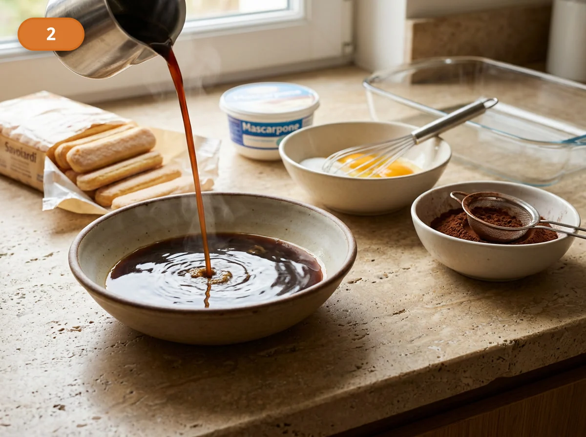 Тирамису: фото процесса приготовления — сварите крепкий эспрессо и полностью остудите его, чтобы печенье потом быстро пропитывалось, но не распадалось