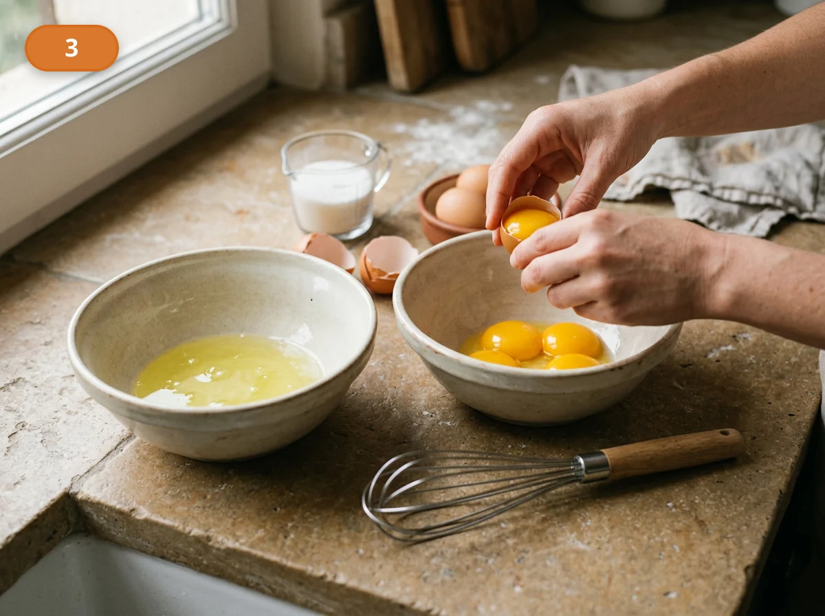 Тирамису: фото процесса приготовления — аккуратно отделите желтки от белков и держите обе части готовы к работе рядом с мисками и венчиком