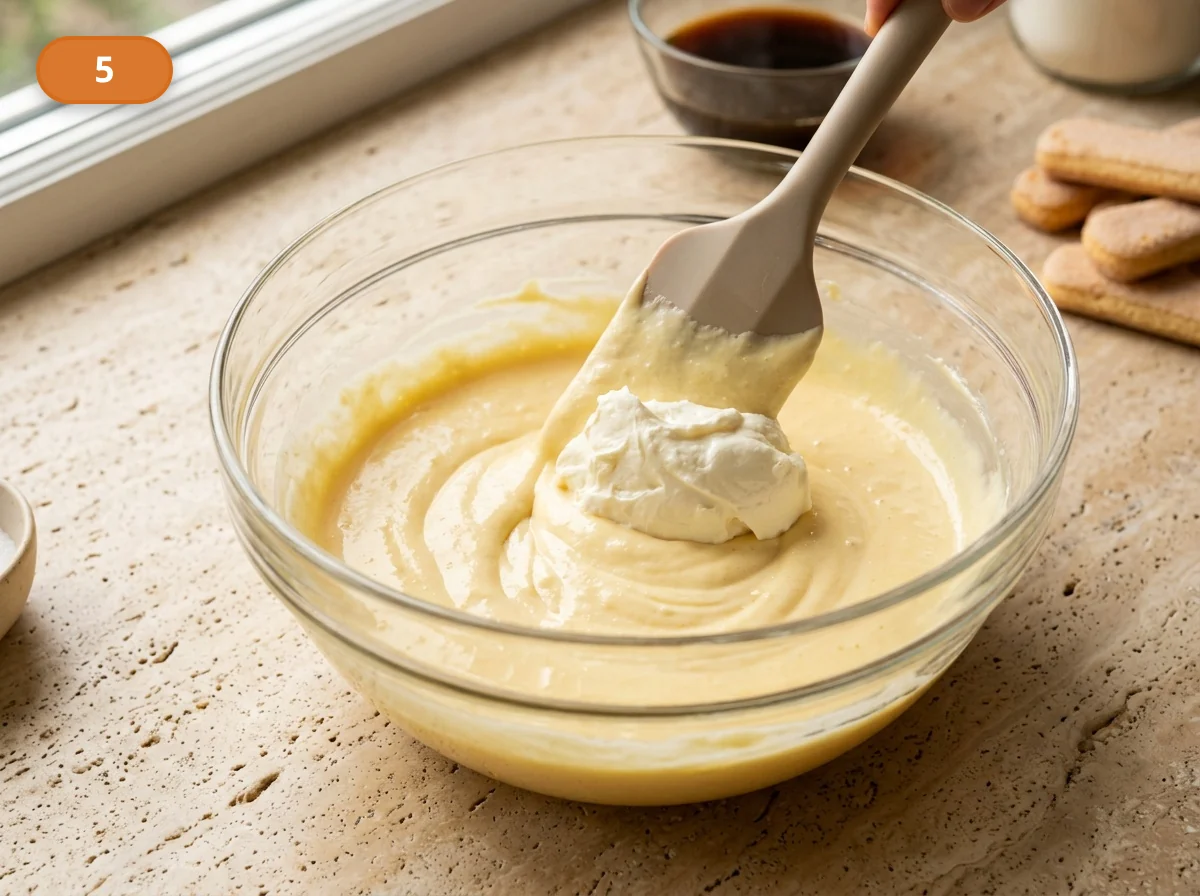 Тирамису: фото процесса приготовления — вмешайте маскарпоне в желтковую основу, пока крем не станет однородным, густым и шелковистым