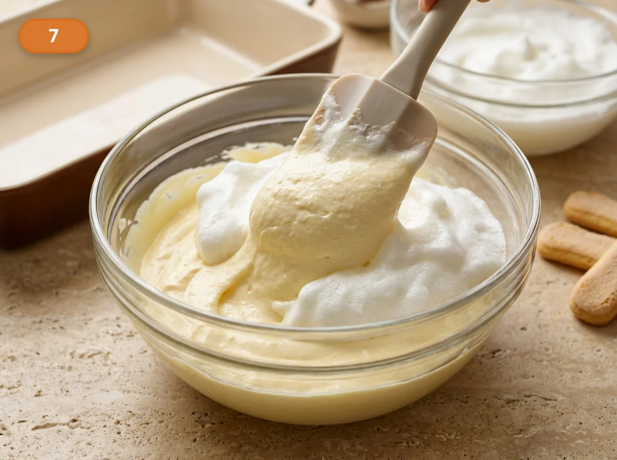 Тирамису: фото процесса приготовления — аккуратно вмешайте первую часть белков в маскарпоне-крем, слегка ослабляя плотную основу